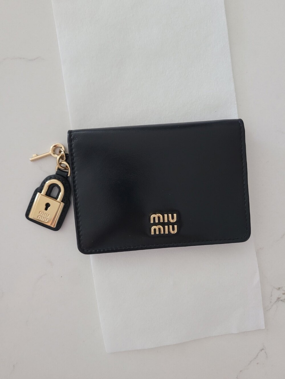 Miu Miu small black leather wallet with gold Pendent Lock Charm